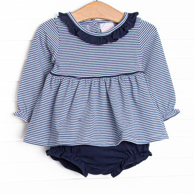 The set features ruffle collar, navy blue stripes, and soft knit material. Coordinating navy diaper cover to match.
