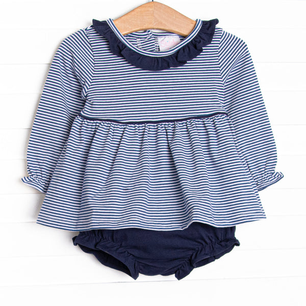 The set features ruffle collar, navy blue stripes, and soft knit material. Coordinating navy diaper cover to match.