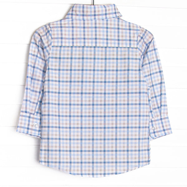 Poised Plaid Pup Embroidered Button-Up Shirt, Blue