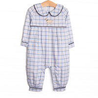  This romper features a blue plaid print, a peter pan collar, and a puppy embroidery. 
