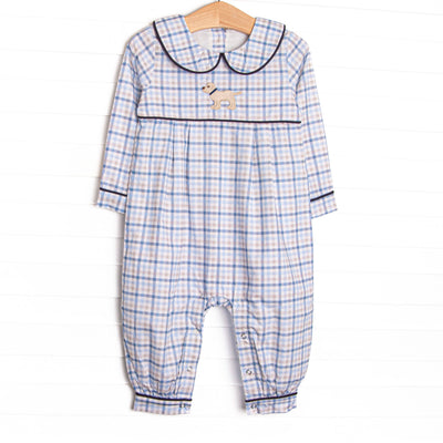  This romper features a blue plaid print, a peter pan collar, and a puppy embroidery. 
