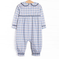 Poised Plaid Pup Embroidered Romper, Blue