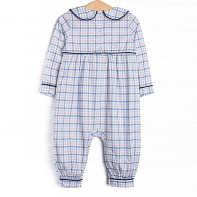 Poised Plaid Pup Embroidered Romper, Blue