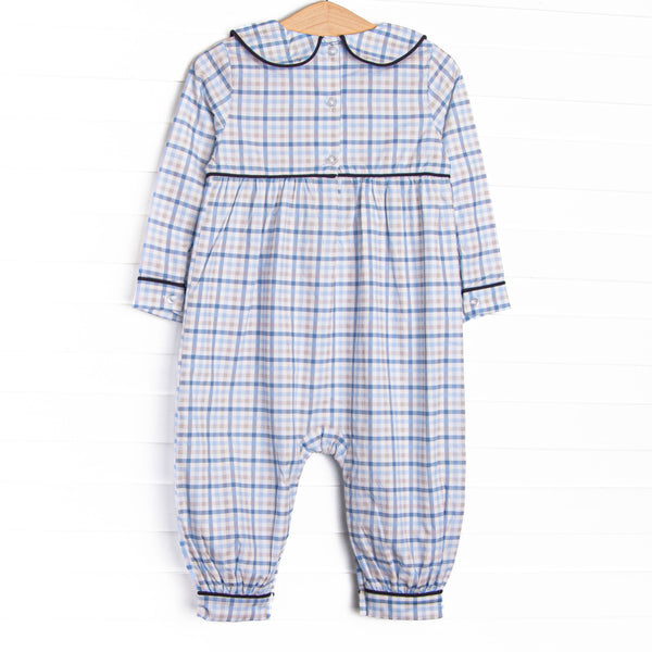 Poised Plaid Pup Embroidered Romper, Blue
