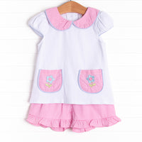 Pockets of Petals Embroidered Ruffle Short Set, Pink