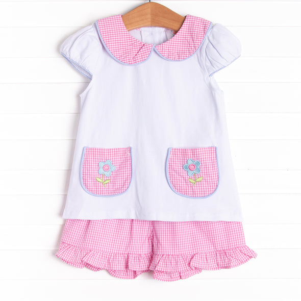 Pockets of Petals Embroidered Ruffle Short Set, Pink