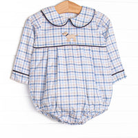 This bubble features a blue plaid print, a peter pan collar, and a puppy embroidery.