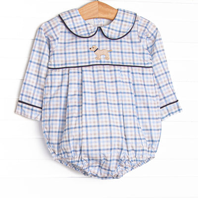 This bubble features a blue plaid print, a peter pan collar, and a puppy embroidery.