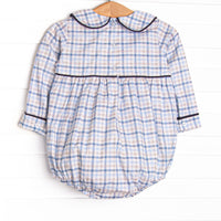 Poised Plaid Pup Embroidered Bubble, Blue