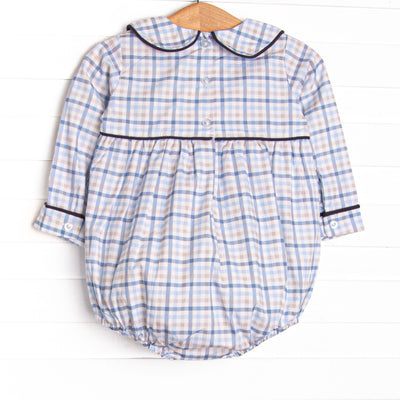 Poised Plaid Pup Embroidered Bubble, Blue