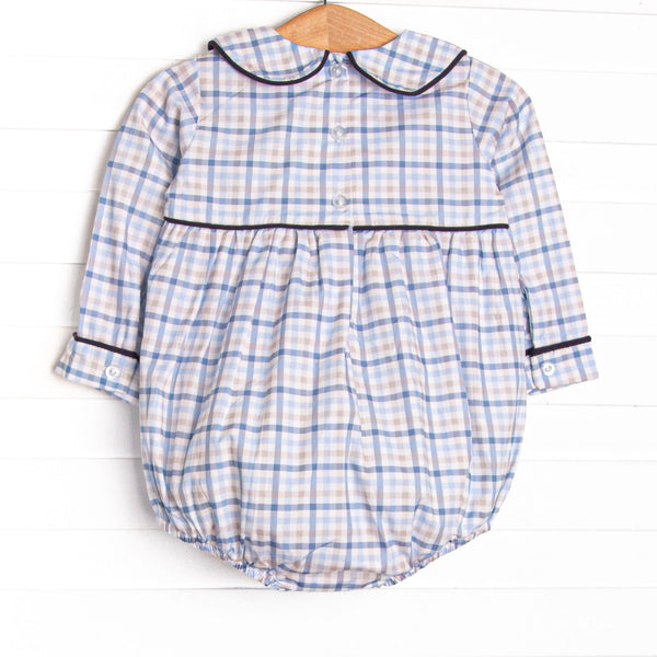 Poised Plaid Pup Embroidered Bubble, Blue