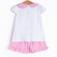 Pockets of Petals Embroidered Ruffle Short Set, Pink