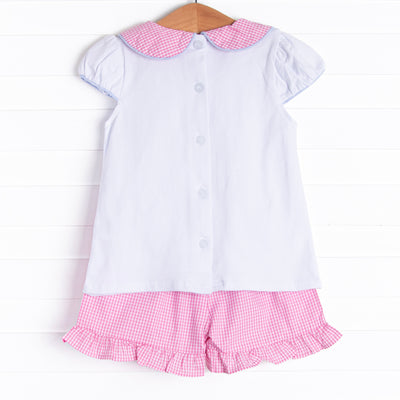 Pockets of Petals Embroidered Ruffle Short Set, Pink