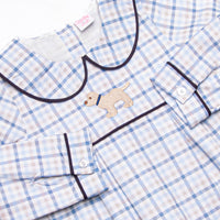 Poised Plaid Pup Embroidered Bubble, Blue