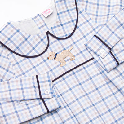 Poised Plaid Pup Embroidered Romper, Blue