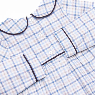 Poised Plaid Pup Embroidered Bubble, Blue