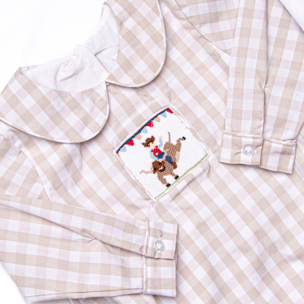 Rodeo Rider Smocked Long Sleeve Bubble, Tan