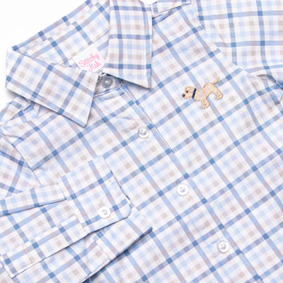 Poised Plaid Pup Embroidered Button-Up Shirt, Blue