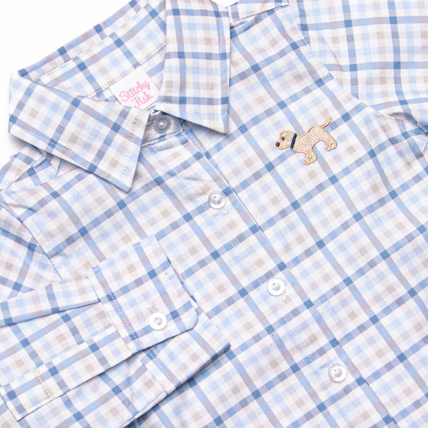 Poised Plaid Pup Embroidered Button-Up Shirt, Blue