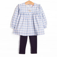  This set features a blue plaid print, ruffle trim, and a puppy embroidery. Coordinating blue leggings to match. 