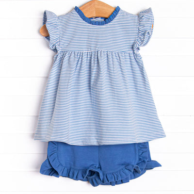 The set features a blue striped flutter sleeve top, the softest knit material, and blue ruffle shorts to match.