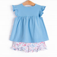 Butterfly Gardens Ruffle Short Set, Blue