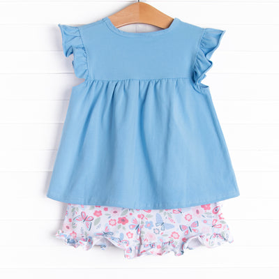 Butterfly Gardens Ruffle Short Set, Blue