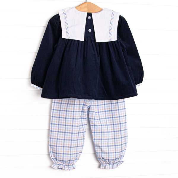 Poised Plaid Bows Applique Pant Set, Blue