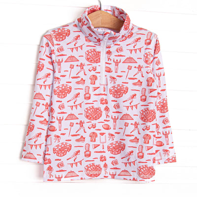 This pullover features a red football themed print, a quarter zipper, and the best performance fabric.