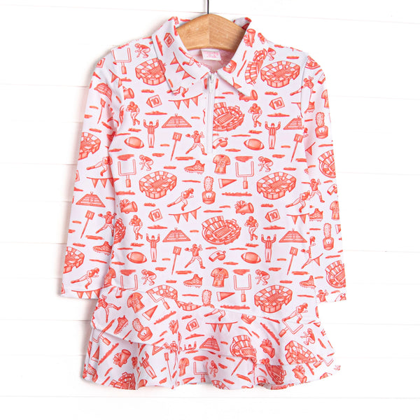 This tennis dress features a red football themed print, a ruffle layered bottom, and the best performance fabric.