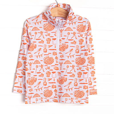 This pullover features an orange football themed print, a quarter zipper, and the best performance fabric.