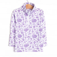  This pullover features a purple football themed print, a quarter zipper, and the best performance fabric. 
