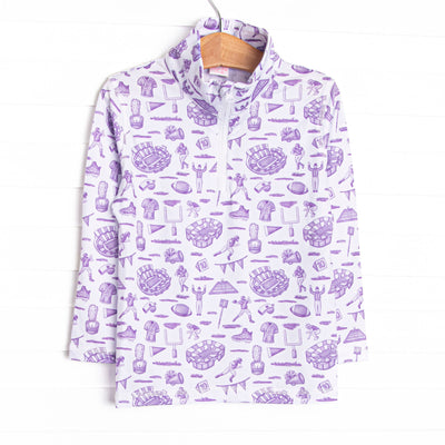  This pullover features a purple football themed print, a quarter zipper, and the best performance fabric. 