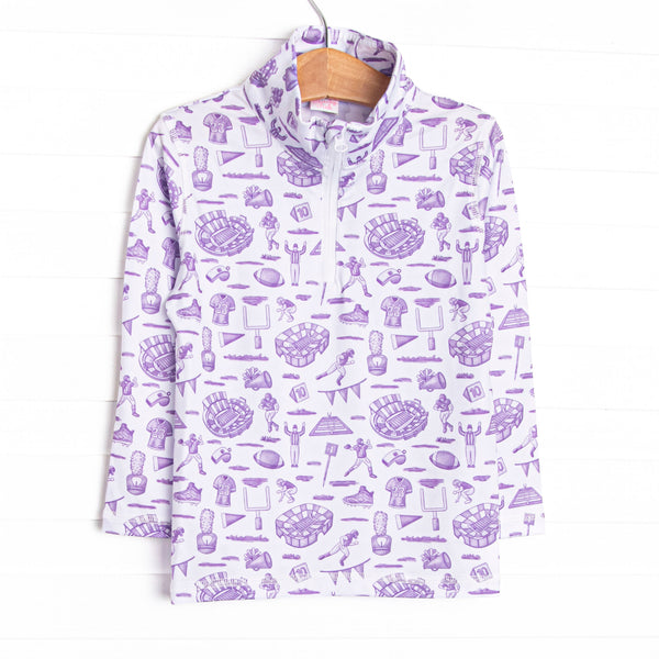  This pullover features a purple football themed print, a quarter zipper, and the best performance fabric. 