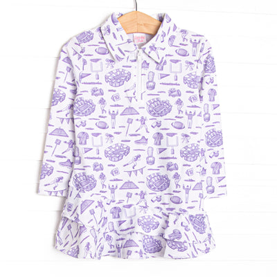 This tennis dress features a purple football themed print, a ruffle layered bottom, and the best performance fabric
