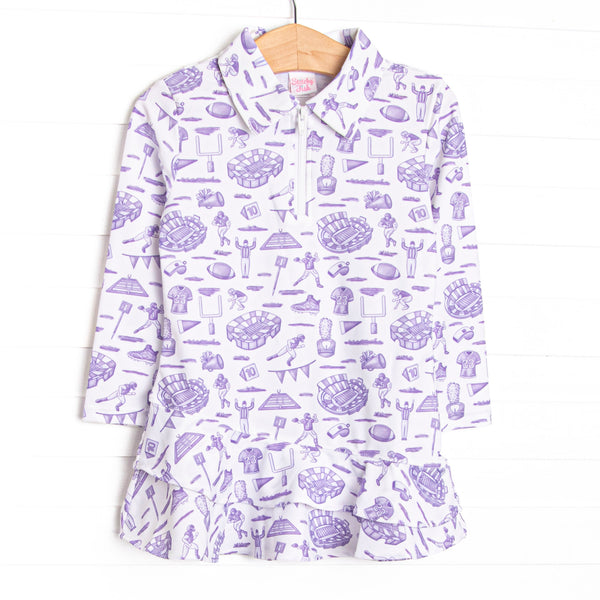 This tennis dress features a purple football themed print, a ruffle layered bottom, and the best performance fabric