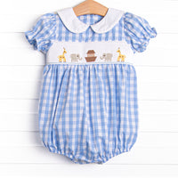 Noah's Ark Smocked Puff Sleeve Bubble, Blue