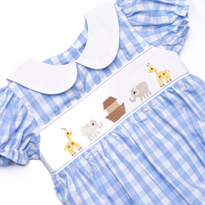 Noah's Ark Smocked Puff Sleeve Bubble, Blue