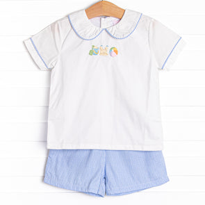 Day at the Beach Embroidered Short Set, Blue