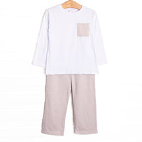 This set features white knit fabric, a front pocket, and long sleeves. Coordinating tan striped pants to match.
