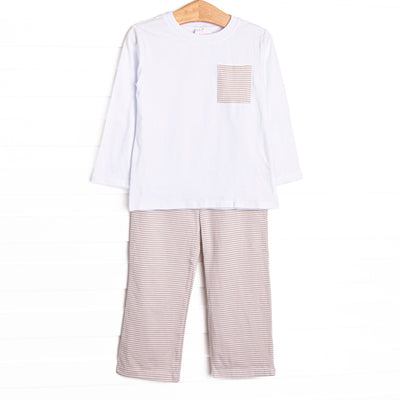This set features white knit fabric, a front pocket, and long sleeves. Coordinating tan striped pants to match.