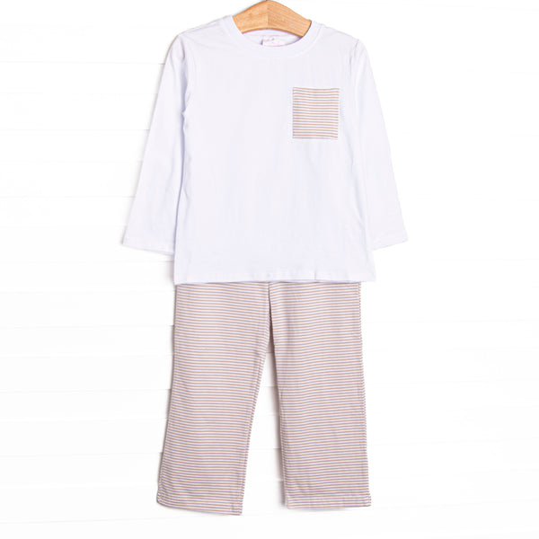 This set features white knit fabric, a front pocket, and long sleeves. Coordinating tan striped pants to match.