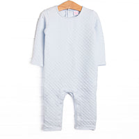 This romper features a cozy quilted blue material and snap closure on the back of neck, as well the stride to make changing a breeze.
