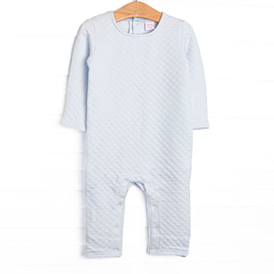 This romper features a cozy quilted blue material and snap closure on the back of neck, as well the stride to make changing a breeze.