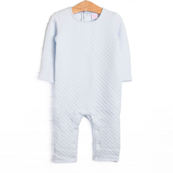 This romper features a cozy quilted blue material and snap closure on the back of neck, as well the stride to make changing a breeze.