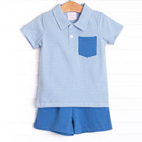  This cozy knit favorite is a staple for every little guy's closet featuring soft knit material, coordinating knit shorts, and medium blue stripes. 
