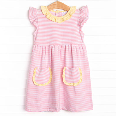 Girl's Laney Flutter Sleeve Dress Yellow and Pink Stripe in Yellow/Pink Stripe size 12M | Stitchy Fish Girl's Laney Flutter Sleeve Dress Yellow and Pink Stripe in Yellow/Pink Stripe size 12M | Stitchy Fish