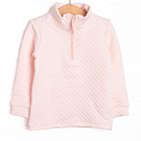  This pullover features a cozy quilted pink material, long sleeves, and a pink quarter zipper. 