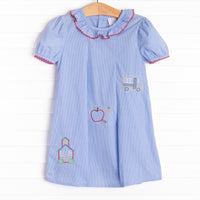 School House Embroidered Dress, Blue
