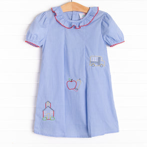 School House Embroidered Dress, Blue